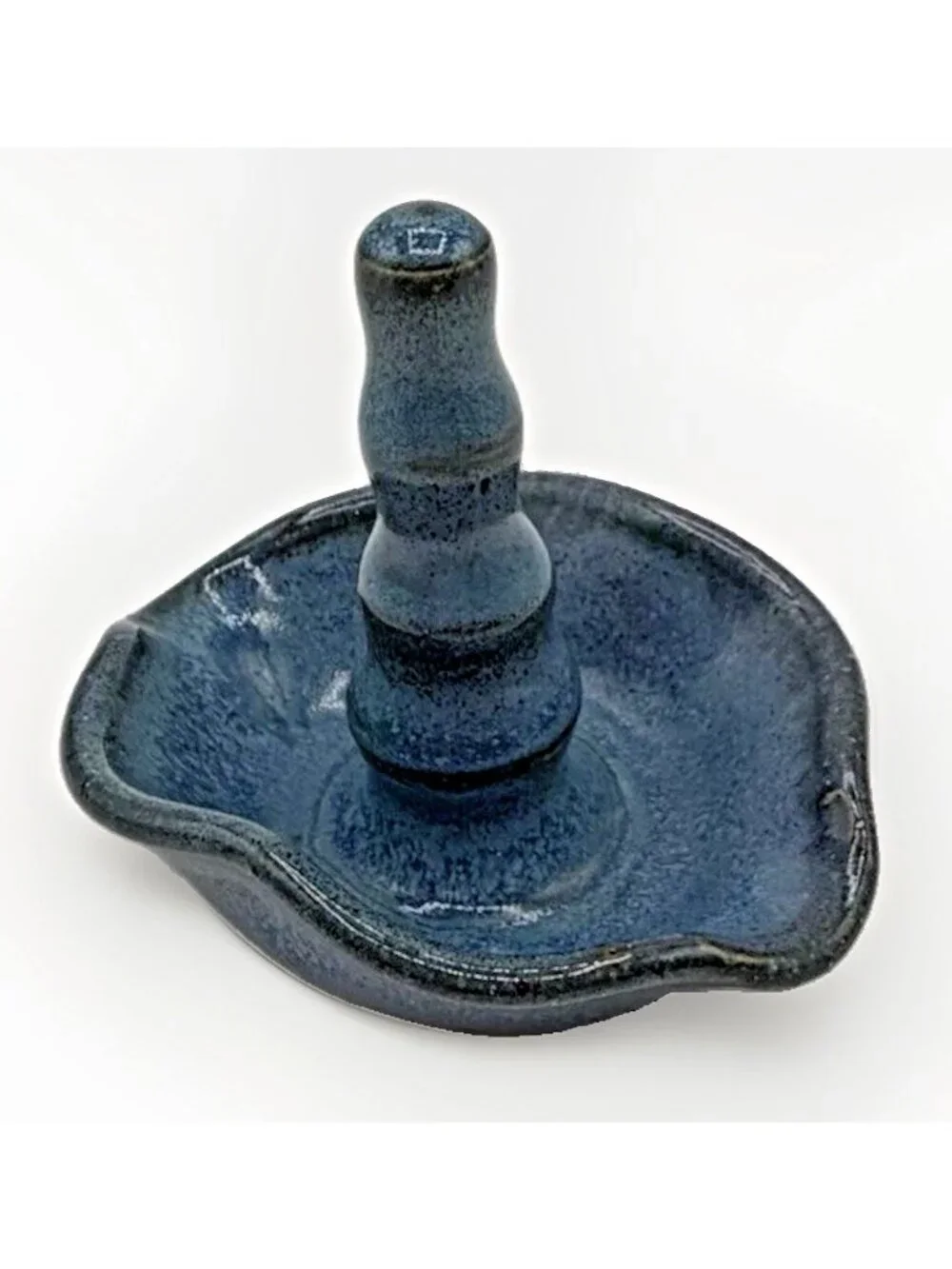 Vintage Studio Pottery Ring Holder Dish Blue Gray Glazed Ruffled Edge Signed